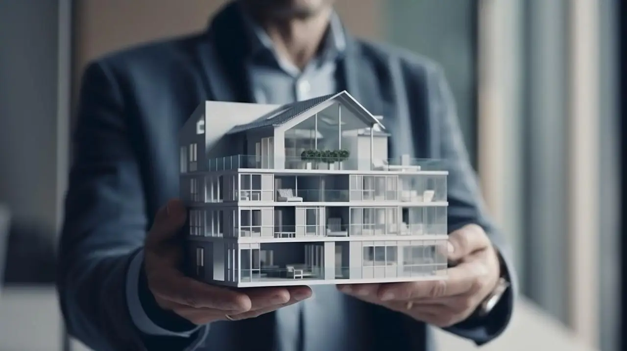 Ein Makler zeigt an einem Modell einer Immobilie die Zukunftstrends in der Immobilienbranche
